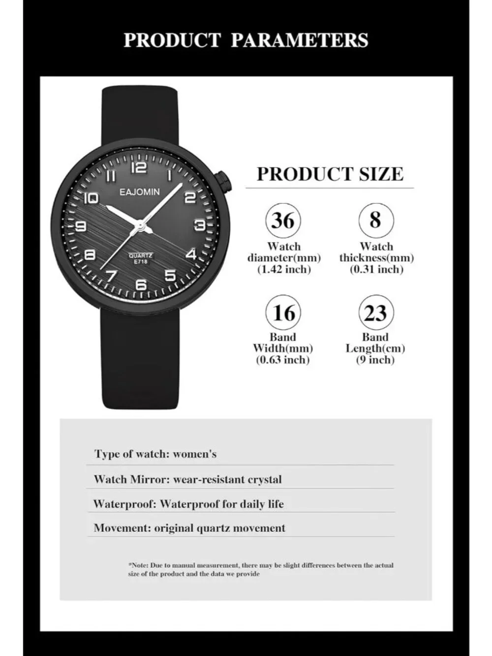 Women's Black Analog Quartz Soft Silicone Band Easy Read Dial Waterproof Watch
